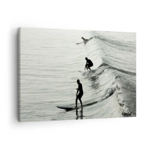 Schilderen op canvas - Surfers op de golven in een monochrome foto - 70x50cm - Om de golf te ontmoeten - Moderne wanddecoratie voor woonkamer en slaapkamer ARTTOR
