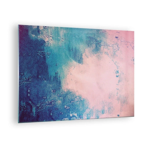 Schilderen op glas - Een abstracte combinatie van blauw en poederroze met textuur - 70x50cm - Hemelse omhelzingen - Moderne wanddecoratie voor woonkamer en slaapkamer ARTTOR