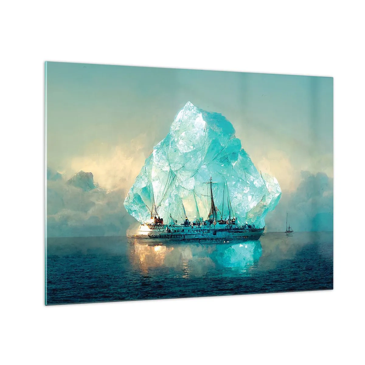 Schilderen op glas - Een zeilschip voor een enorme gletsjer in het arctische licht. - 70x50cm - Arctische diamant - Moderne wanddecoratie voor woonkamer en slaapkamer ARTTOR
