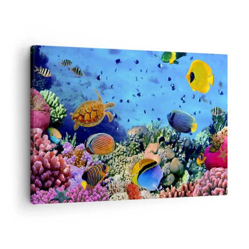 Schilderen op canvas - Koraalrif met kleurrijke vissen en een zeeschildpad - 70x50cm - En wat weten we over het leven... - Moderne wanddecoratie voor woonkamer en slaapkamer ARTTOR