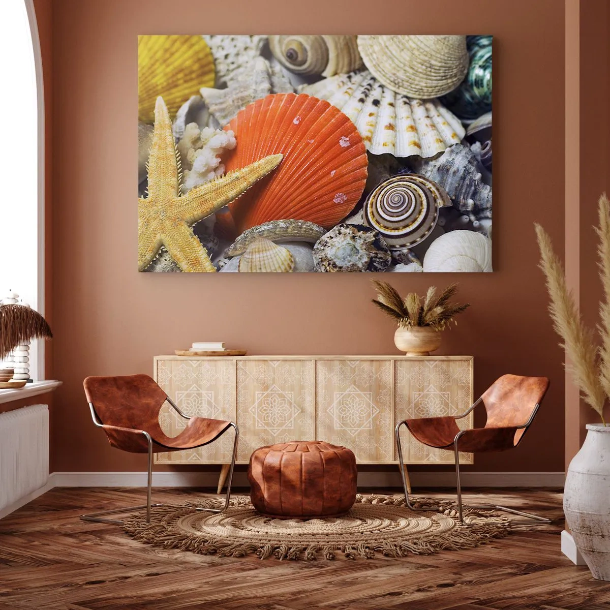 Schilderen op canvas - Schelpen en zeesterren in een mariene compositie - 70x50cm - Oceaan schatten - Moderne wanddecoratie voor woonkamer en slaapkamer ARTTOR