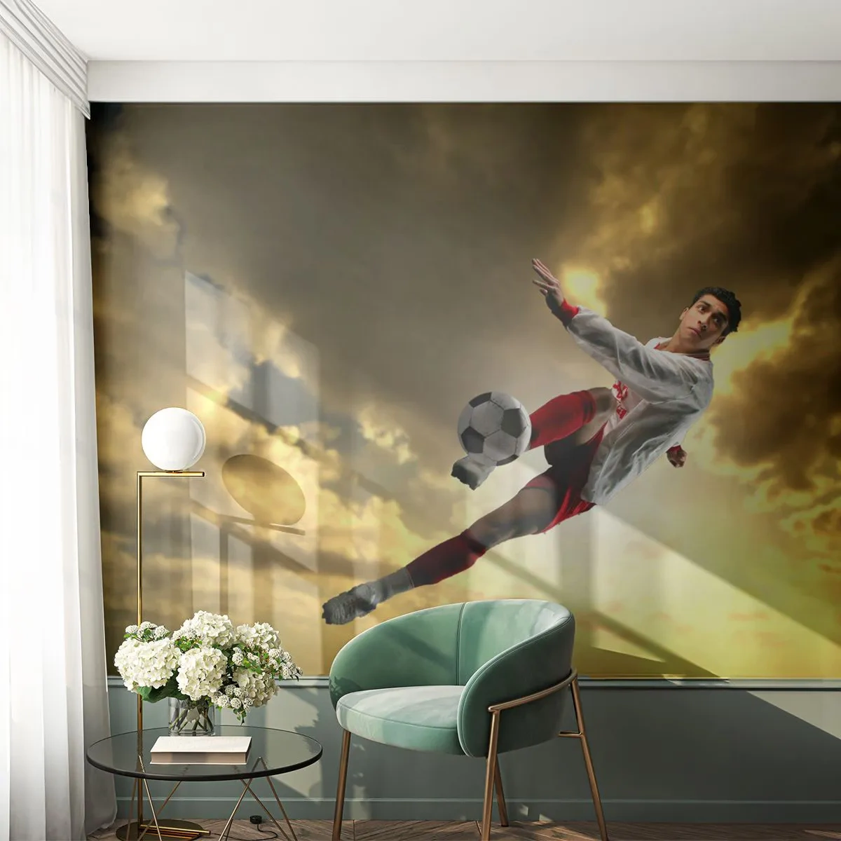 Fotobehang Premium Canvas - Voetbal hemel - Sport, Voetballer, Voetbal - 300x210 cm