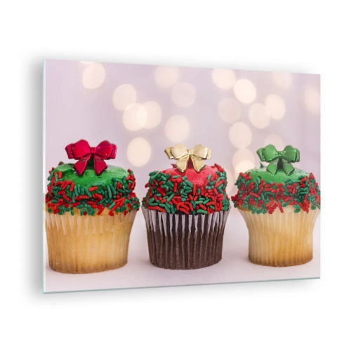 Schilderen op glas - Kerstcupcakes met strikversieringen - 70x50cm - Snoepjes tot de strik - Moderne wanddecoratie voor woonkamer en slaapkamer ARTTOR