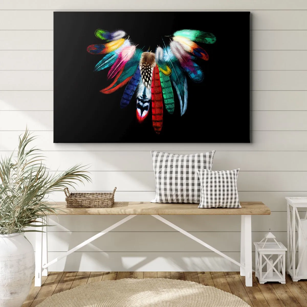 Schilderen op canvas - Kleurrijke veren op een zwarte achtergrond in een artistieke compositie - 70x50cm - Indiase ketting - Moderne wanddecoratie voor woonkamer en slaapkamer ARTTOR