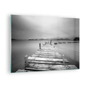 Schilderen op glas - Houten steiger boven een kalm meer in zwart-wit - 70x50cm - Achter bergen en zeeën - Moderne wanddecoratie voor woonkamer en slaapkamer ARTTOR