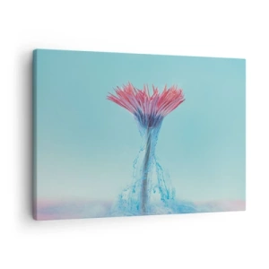 Schilderen op canvas - Een roze en blauwe bloem in een artistiek arrangement tegen een pastelkleurige achtergrond - 70x50cm - In een verkwikkende omhelzing - Moderne wanddecoratie voor woonkamer en slaapkamer ARTTOR