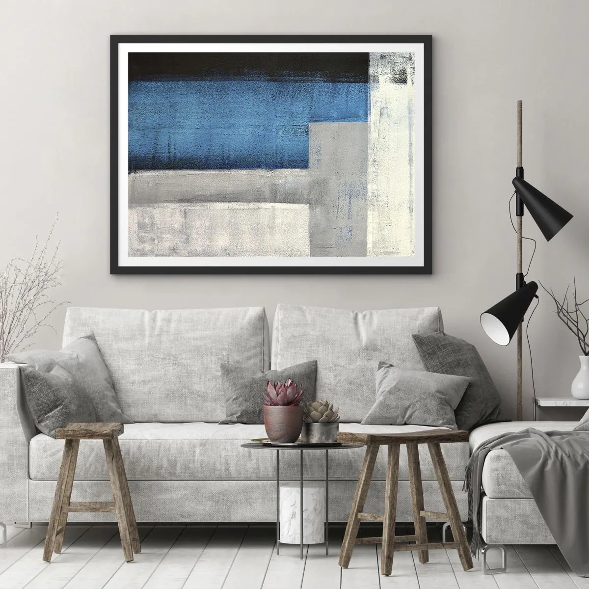 Poster in een zwarte lijst - Een poëtische compositie van grijs en blauw - 70x50 cm