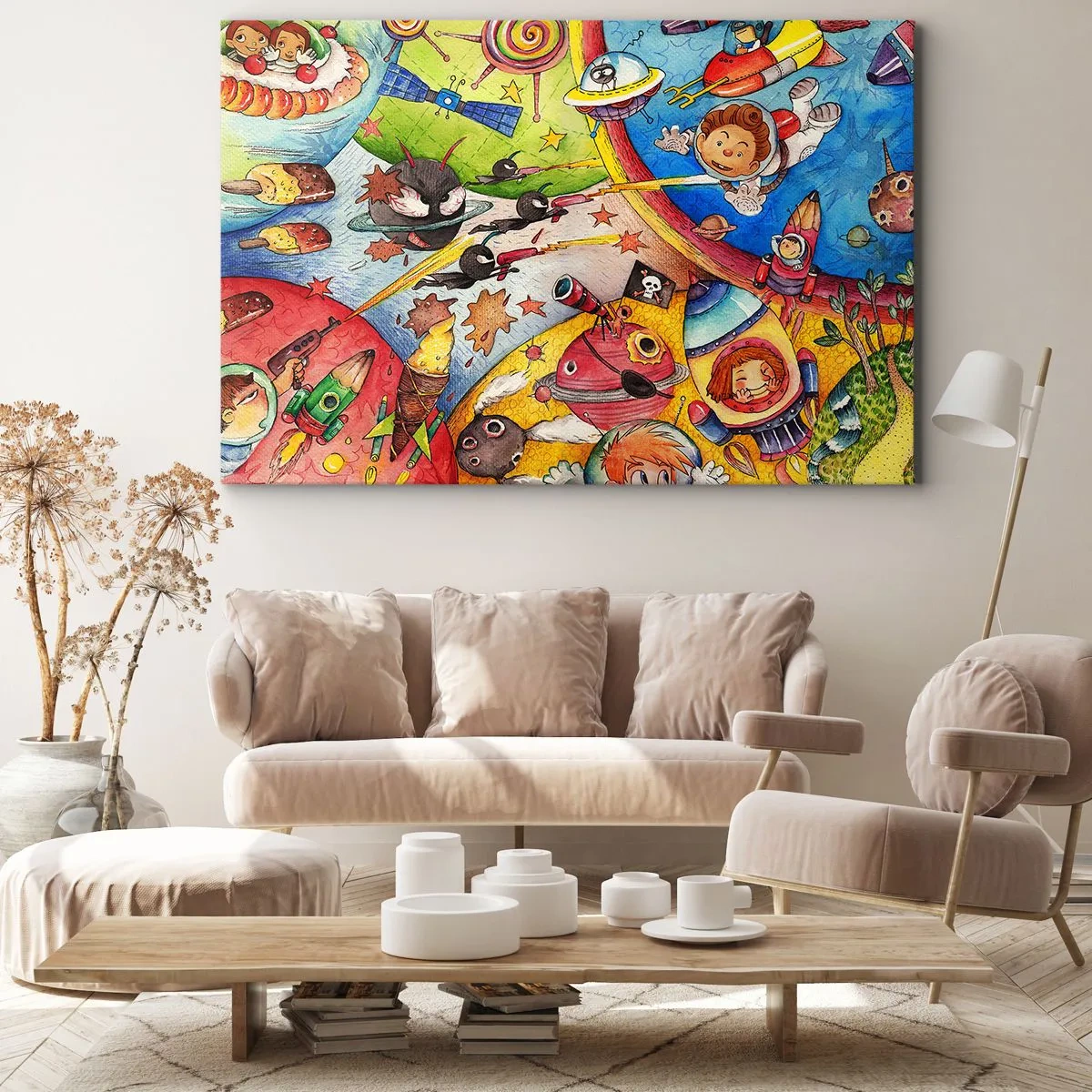 Schilderen op canvas - Een kleurrijke ruimtescène vol kinderen en ruimteschepen - 70x50cm - Geweldig ruimteavontuur - Moderne wanddecoratie voor woonkamer en slaapkamer ARTTOR
