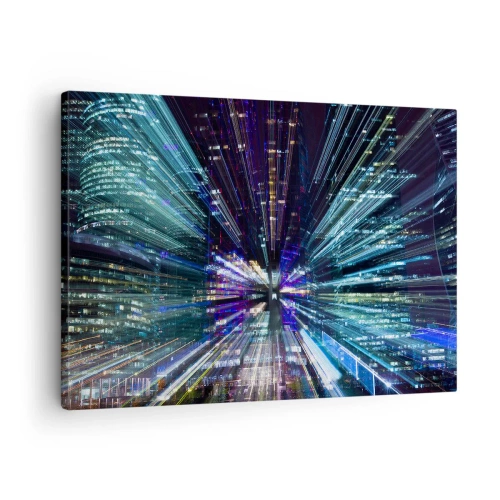 Schilderen op canvas - Dynamisch uitzicht op de stad 's nachts met lichteffect - 70x50cm - Overgang naar hyperspace - Moderne wanddecoratie voor woonkamer en slaapkamer ARTTOR