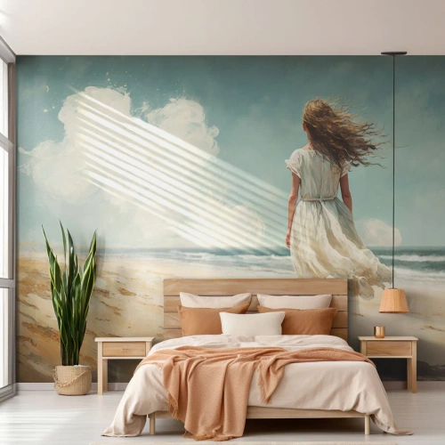 Fotobehang Premium Sand - Om de zon en de wind te ontmoeten - Meisje, Strand, Wandeling - 100x70 cm