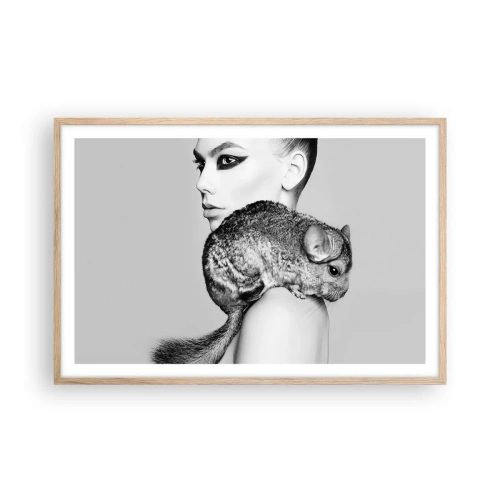 Een poster in een licht eiken lijst - Dame met een chinchilla - 91x61 cm