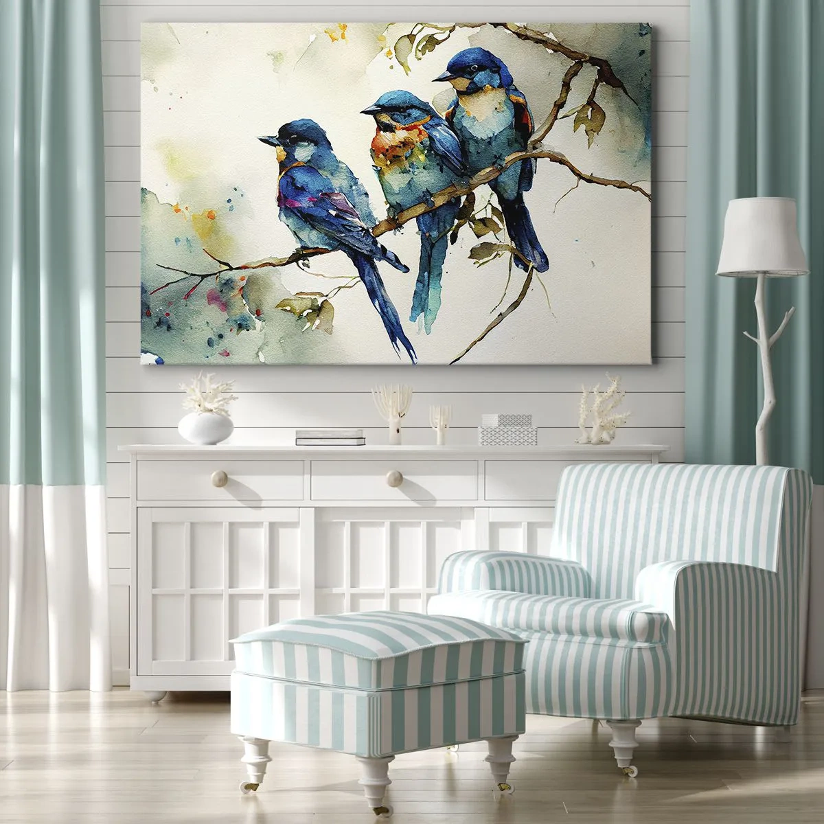 Schilderen op canvas - Drie kleurrijke vogels op een tak in aquarelstijl - 70x50cm - Is hij boos geworden? - Moderne wanddecoratie voor woonkamer en slaapkamer ARTTOR