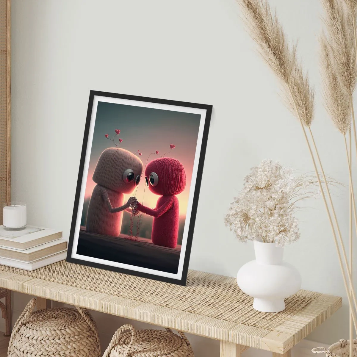 Poster in een zwarte lijst - Schattige garenfiguren die elkaars hand vasthouden - 50x70cm - Iedereen mag liefhebben - Moderne wanddecoratie voor woonkamer en slaapkamer ARTTOR