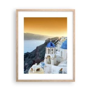 Een poster in een licht eiken lijst - Santorini - genesteld tegen de rotsen - 40x50 cm