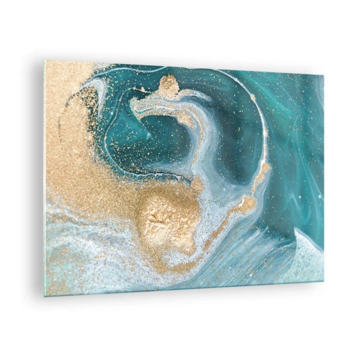 Schilderen op glas - Goud op turquoise golven in een abstracte stijl - 70x50cm - Een werveling van goud en turkoois - Moderne wanddecoratie voor woonkamer en slaapkamer ARTTOR