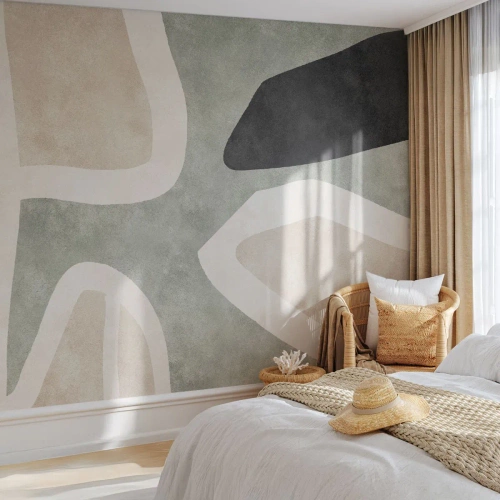 Fotobehang Standard Eco - Abstracte vorm met beige, groen en zwart - 100x70cm - Compositie met een zwart motief - Moderne wanddecoratie voor woonkamer en slaapkamer ARTTOR