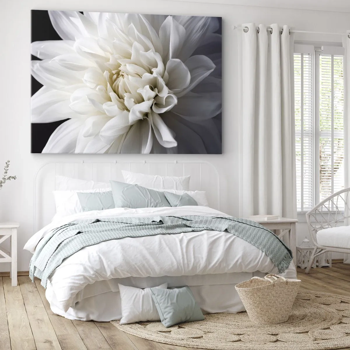 Schilderen op canvas - Een delicate witte bloem op een zwarte achtergrond in een elegante compositie - 70x50cm - Ochtend van de bruid - Moderne wanddecoratie voor woonkamer en slaapkamer ARTTOR