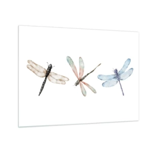 Schilderen op glas - Drie kleurrijke libellen op een witte achtergrond in een delicate aquarelstijl - 70x50cm - Gewichtloze libellen - Moderne wanddecoratie voor woonkamer en slaapkamer ARTTOR