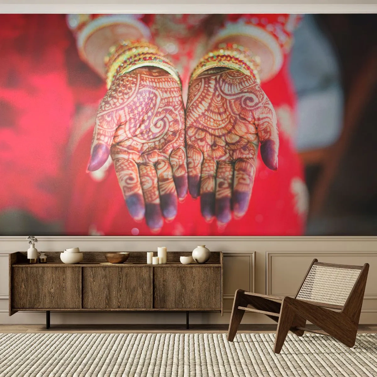 Fotobehang Premium Sand - Klaar om je geluk te vangen? - Dameshanden, Oosterse ontwerpen, Indië - 100x70 cm