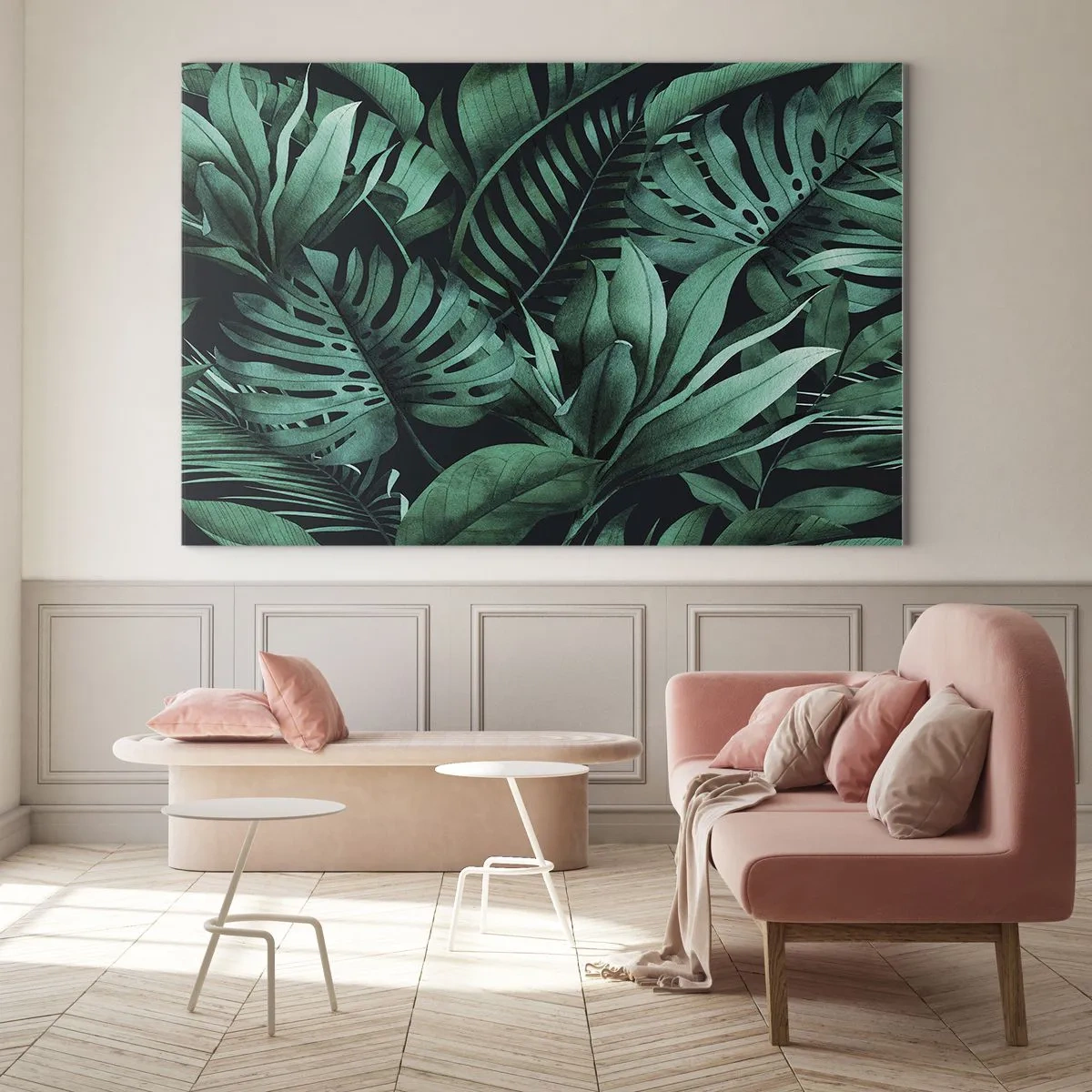 Schilderen op glas - Weelderige groene bladeren in een tropische compositie - 70x50cm - De diepte van tropisch groen - Moderne wanddecoratie voor woonkamer en slaapkamer ARTTOR