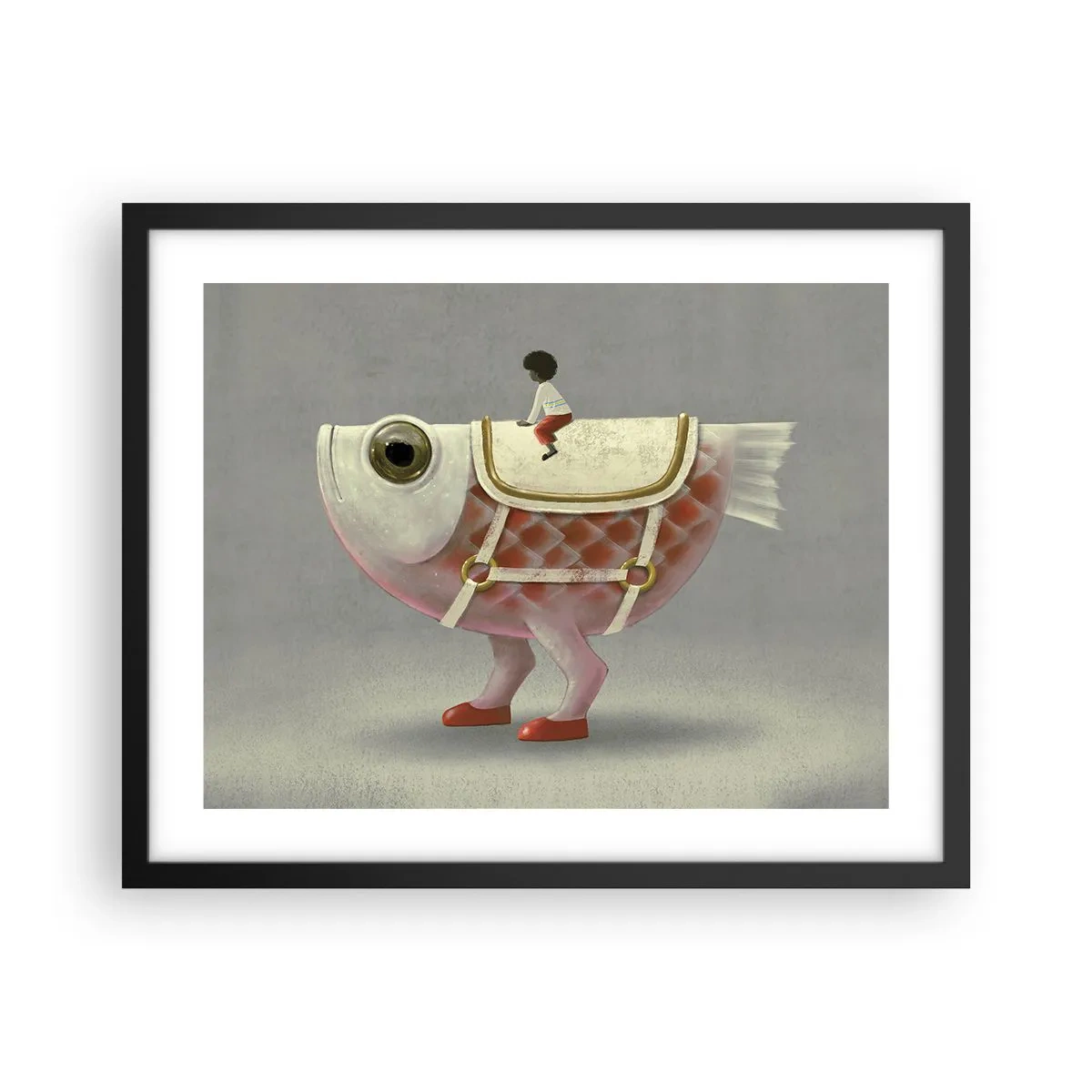 Poster in een zwarte lijst - Ruiter op een surrealistische vis - 50x40 cm