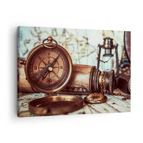 Schilderen op canvas - Een retroset met kompas, telescoop en kaart in reisthema - 70x50cm - Een piratenavontuur in het Caribisch gebied wacht op je - Moderne wanddecoratie voor woonkamer en slaapkamer ARTTOR