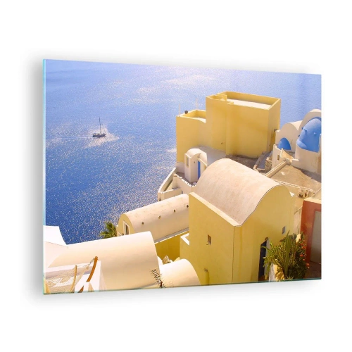 Schilderen op glas - Uitzicht op Santorini met blauwe zee en witte gebouwen - 70x50cm - Grieks landschap in wit en blauw - Moderne wanddecoratie voor woonkamer en slaapkamer ARTTOR