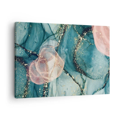 Schilderen op canvas - Een abstracte compositie in tinten turquoise en goud. - 70x50cm - Zijdeblauw, tule roze - Moderne wanddecoratie voor woonkamer en slaapkamer ARTTOR