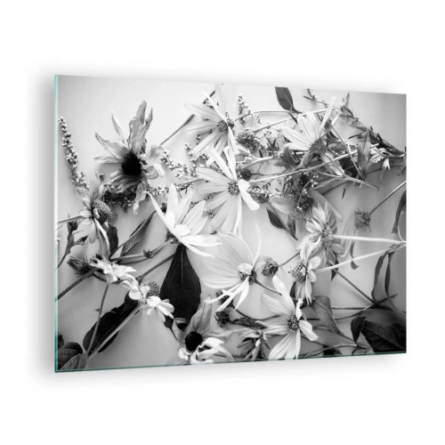 Schilderen op glas - Verspreide zwart-witte bloemen in een artistiek arrangement - 70x50cm - Niet-boeket bloemen - Moderne wanddecoratie voor woonkamer en slaapkamer ARTTOR