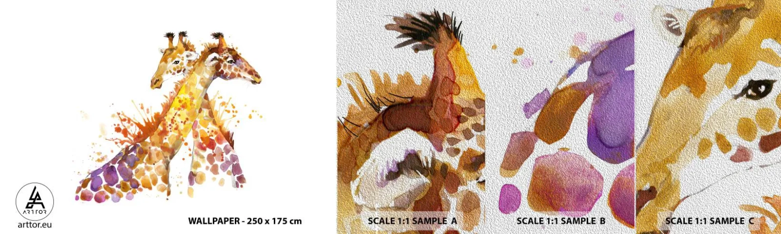 Fotobehang Monster Premium Sand - Is het vriendschap of is het een baby? - Dieren, Giraffe, Grafisch - 100x30 cm