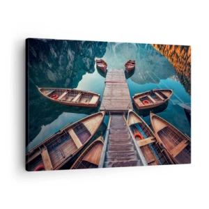Schilderen op canvas - Houten boten op een pier op een bergmeer - 70x50cm - Ik wacht bij de jachthaven - Moderne wanddecoratie voor woonkamer en slaapkamer ARTTOR