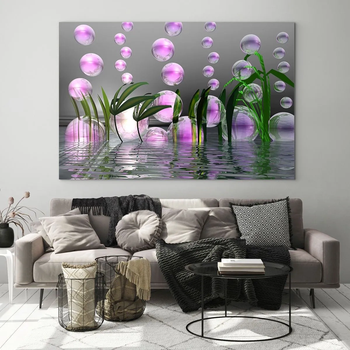 Schilderen op glas - Paarse bubbels zweven boven water met planten - 70x50cm - Een reflecterende compositie van lichtheid en leven - Moderne wanddecoratie voor woonkamer en slaapkamer ARTTOR
