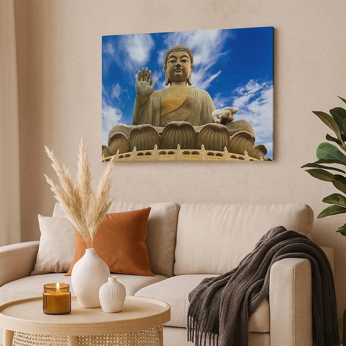 Schilderen op canvas - Een monumentaal Boeddhabeeld tegen een blauwe lucht met wolken - 70x50cm - Leef zonder angst - Moderne wanddecoratie voor woonkamer en slaapkamer ARTTOR