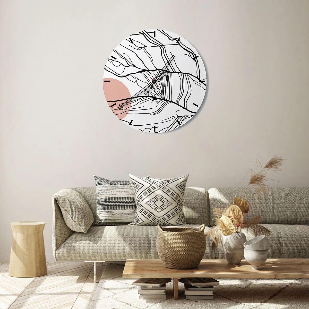 Wandklok - Klok - Artistieke zwarte lijnen die lijken op takjes op een witte achtergrond - 30x30cm - In een web van twijgen - Moderne wanddecoratie voor woonkamer, keuken en slaapkamer ARTTOR