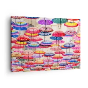 Schilderen op canvas - Kleurrijke paraplu's zweven in de lucht - 70x50cm - Stadsweide - Moderne wanddecoratie voor woonkamer en slaapkamer ARTTOR