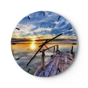Wandklok - Klok - Houten steiger over het meer bij zonsondergang - 30x30cm - De wind gaat rusten - Moderne wanddecoratie voor woonkamer, keuken en slaapkamer ARTTOR