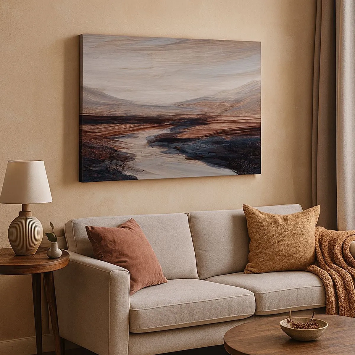Schilderen op canvas - Een schilderachtig landschap met een rivier en bergen - 70x50cm - Een rustige vallei - Moderne wanddecoratie voor woonkamer en slaapkamer ARTTOR