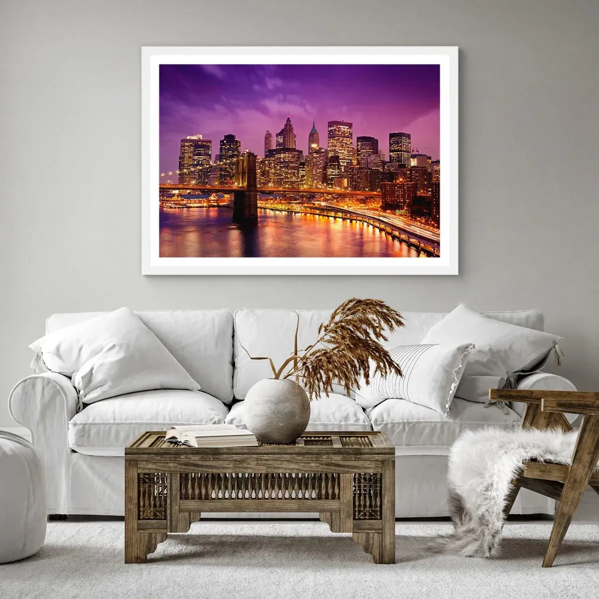 Poster in een witte lijst - Violet-goud Manhattan - 91x61 cm