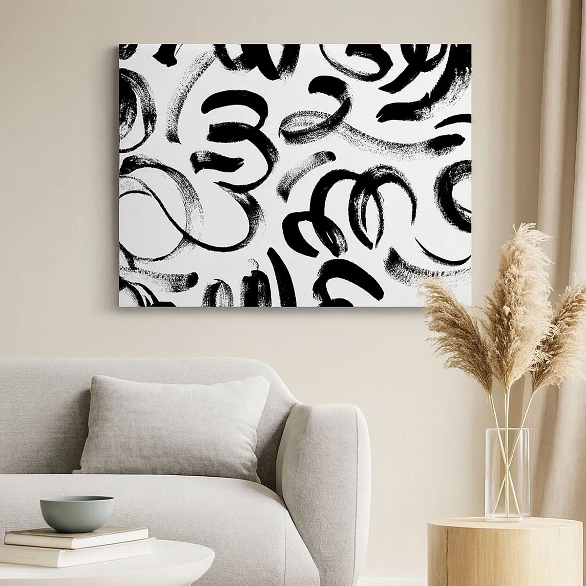 Schilderen op canvas - Zwarte abstracte penseelstreken op een witte achtergrond - 70x50cm - Zwart op wit - Moderne wanddecoratie voor woonkamer en slaapkamer ARTTOR