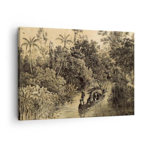 Schilderen op canvas - Tekening van een jungle met een boot op een rivier - 70x50cm - Expeditie naar de bron - Moderne wanddecoratie voor woonkamer en slaapkamer ARTTOR