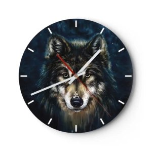 Wandklok - Klok - Portret van een wolf tegen een donkerblauwe nachthemel - 30x30cm - Alfa? en omega - Moderne wanddecoratie voor woonkamer, keuken en slaapkamer ARTTOR