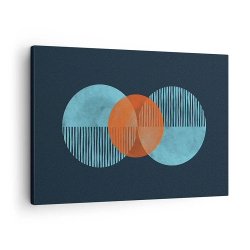 Schilderen op canvas - Geometrische cirkels in tinten blauw en oranje - 70x50cm - Symmetrische compositie - Moderne wanddecoratie voor woonkamer en slaapkamer ARTTOR