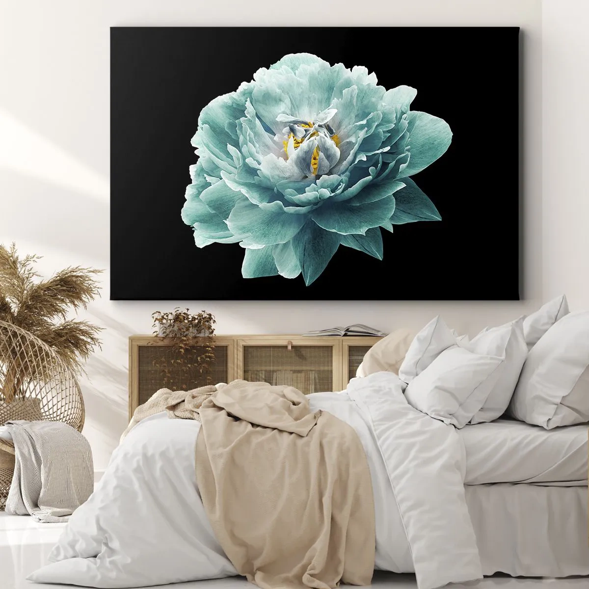 Schilderen op canvas - Turquoise pioenroos op een zwarte achtergrond - 70x50cm - Blauwe en gouden bloemblaadjes - Moderne wanddecoratie voor woonkamer en slaapkamer ARTTOR