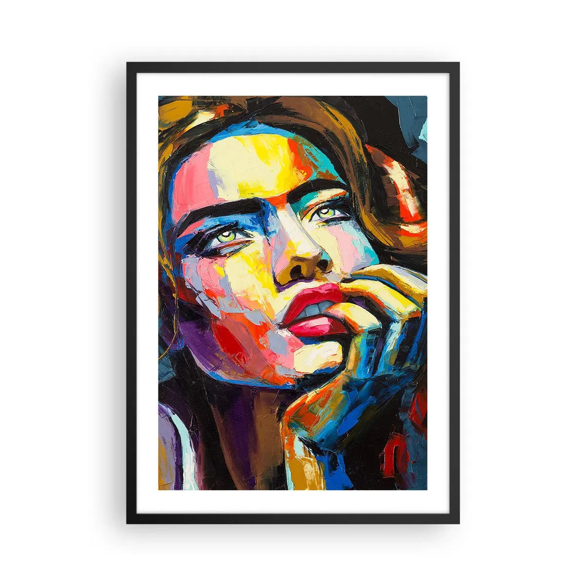 Poster in een zwarte lijst - Een opvallend, kleurrijk portret van een vrouw in een expressieve stijl. - 50x70cm - Dromen vliegen in de lucht als vogels - Moderne wanddecoratie voor woonkamer en slaapkamer ARTTOR