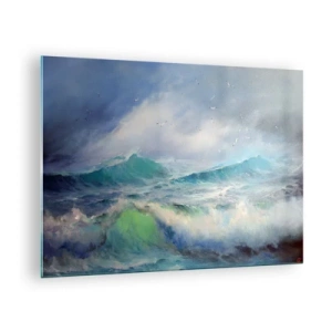 Schilderen op glas - Ruwe oceaan golven met vogels in een bewolkte lucht - 70x50cm - 'De wervelwind huilde van triomf...' - Moderne wanddecoratie voor woonkamer en slaapkamer ARTTOR