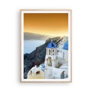 Een poster in een licht eiken lijst - Santorini - genesteld tegen de rotsen - 70x100 cm