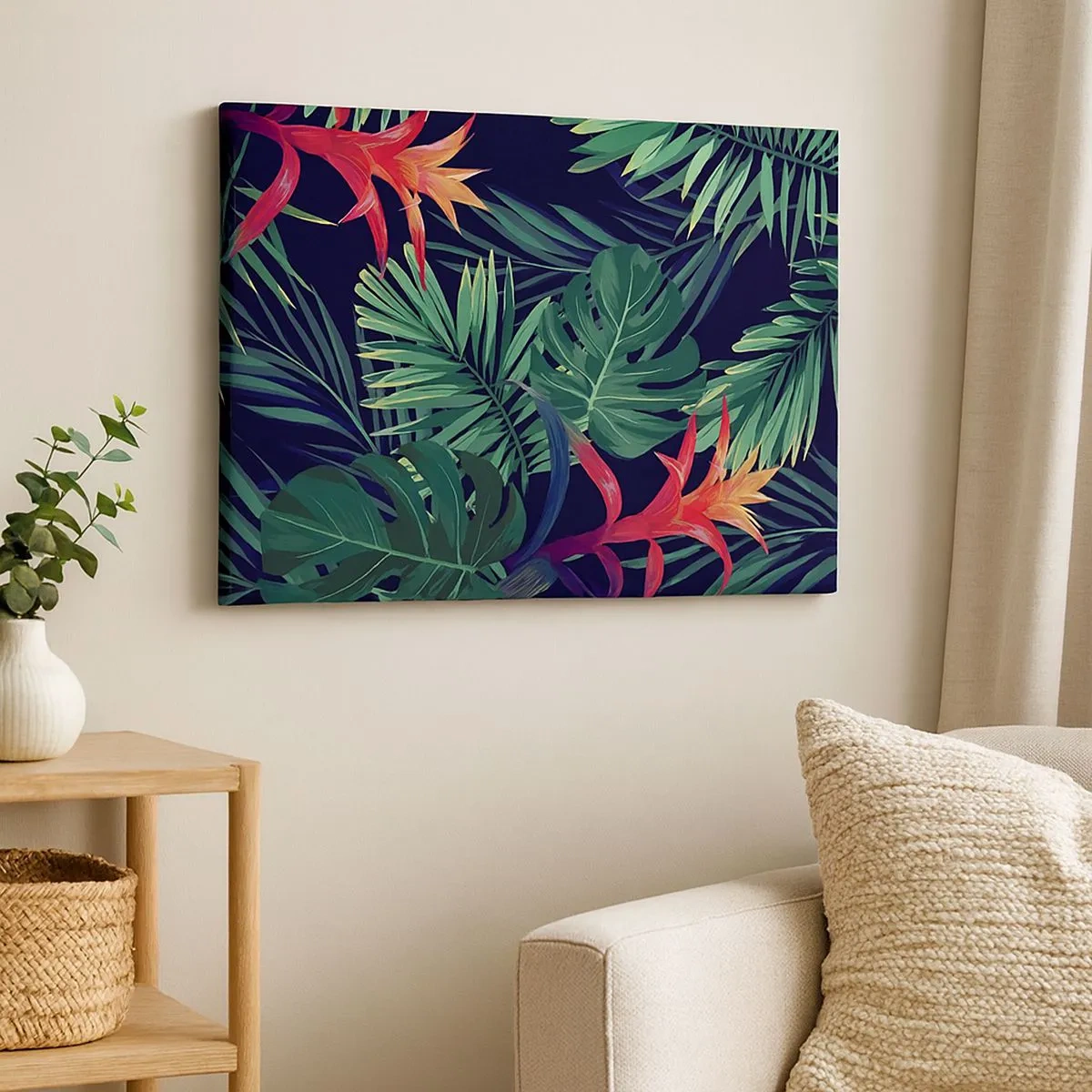 Schilderen op canvas - Tropische bladeren en bloemen op een donkere achtergrond - 70x50cm - Ontsteken in het groen - Moderne wanddecoratie voor woonkamer en slaapkamer ARTTOR