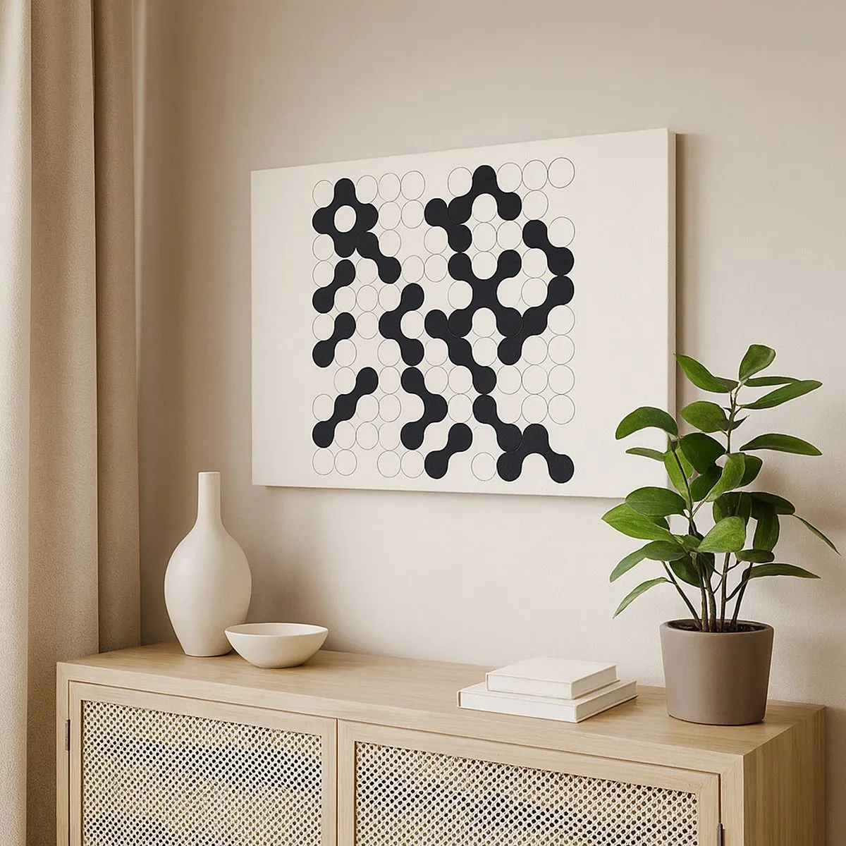 Schilderen op canvas - Zwart-witte patronen met cirkels op een lichte achtergrond - 70x50cm - Chinees spel – variatie - Moderne wanddecoratie voor woonkamer en slaapkamer ARTTOR
