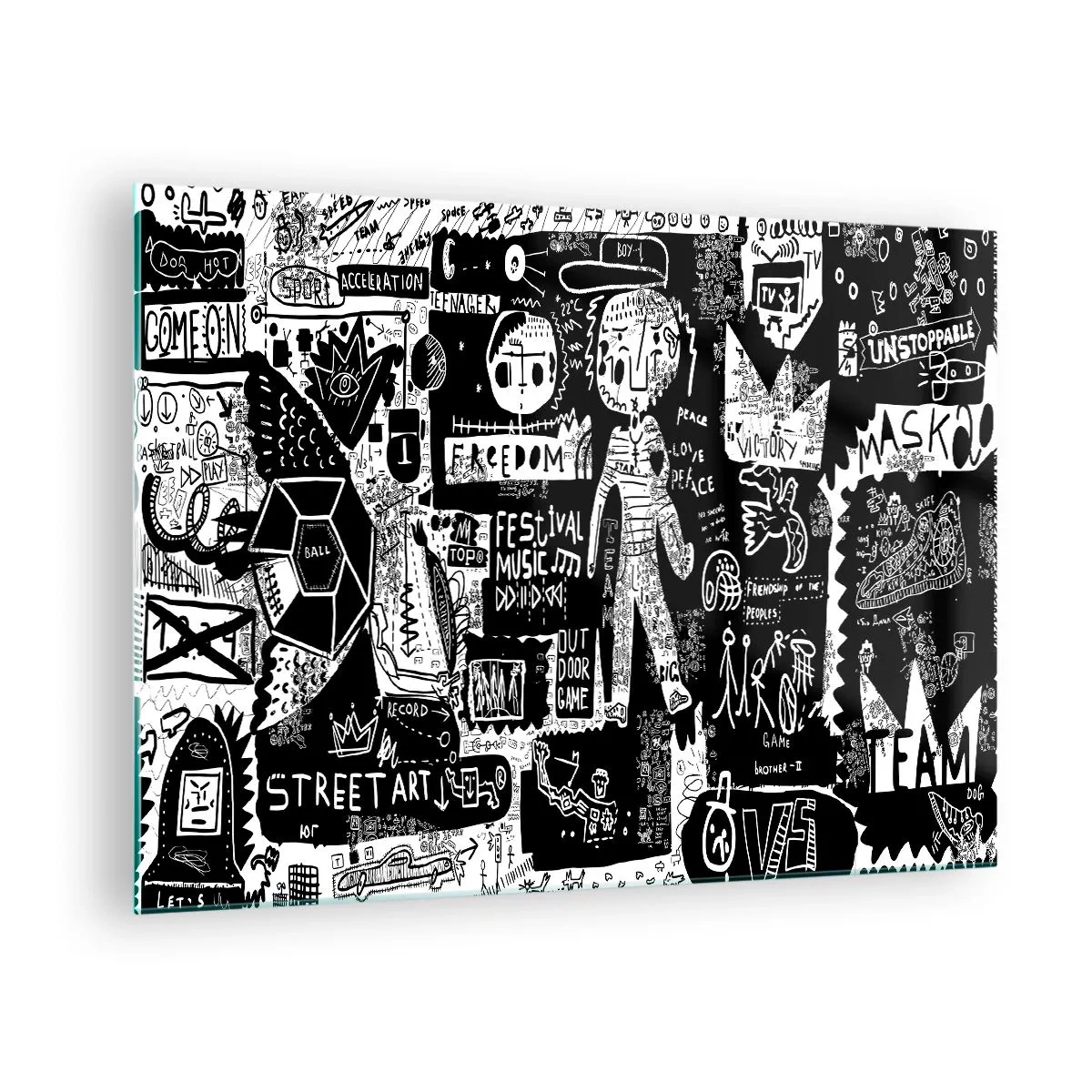 Schilderen op glas - Zwart-witte streetart-stijl graphics met karakters en symbolen - 70x50cm - Geestelijke jeugd van wet en vreugde - Moderne wanddecoratie voor woonkamer en slaapkamer ARTTOR