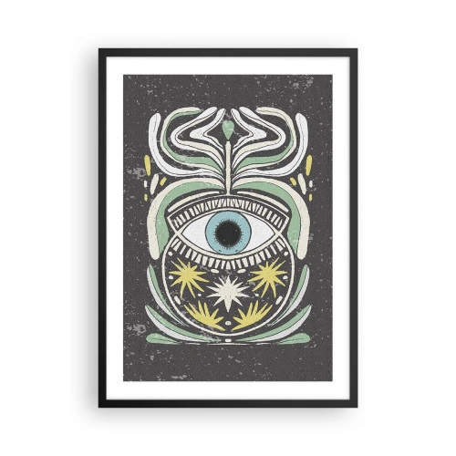 Poster in een zwarte lijst - Een symbolisch oog omgeven door plantenpatronen op een donkere achtergrond. - 50x70cm - Tribale rituelen - Moderne wanddecoratie voor woonkamer en slaapkamer ARTTOR
